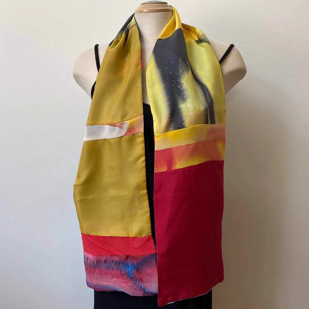 Red, yellow, and blue painted silk shawl, designer art scarf.