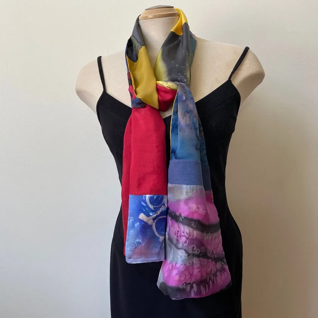 Red, yellow, and blue painted silk shawl, designer art scarf.
