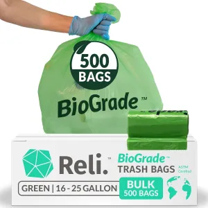 Reli. Biodegradable 16-25 Gallon Trash Bags | 500 Count Bulk | ASTM D6954 | Green | Eco-Friendly | Oxobiodegradable Under Certain Conditions (See Product Description)