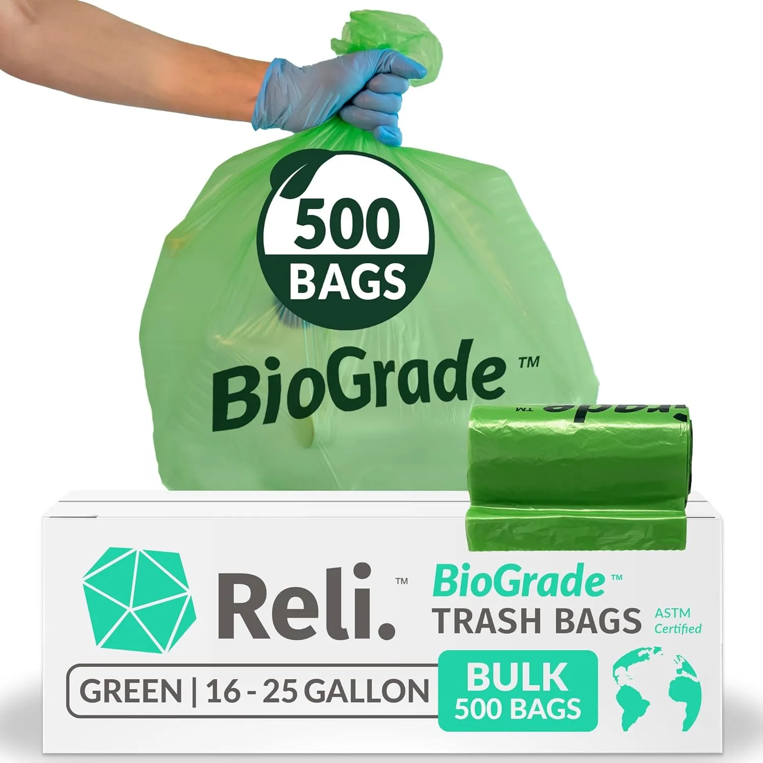 Reli. Biodegradable 16-25 Gallon Trash Bags | 500 Count Bulk | ASTM D6954 | Green | Eco-Friendly | Oxobiodegradable Under Certain Conditions (See Product Description)