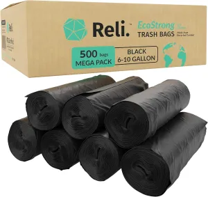 Reli. EcoStrong 6-10 Gallon Trash Bags | 500 Count Bulk | Black | Eco-Friendly | Made from Recycled Material