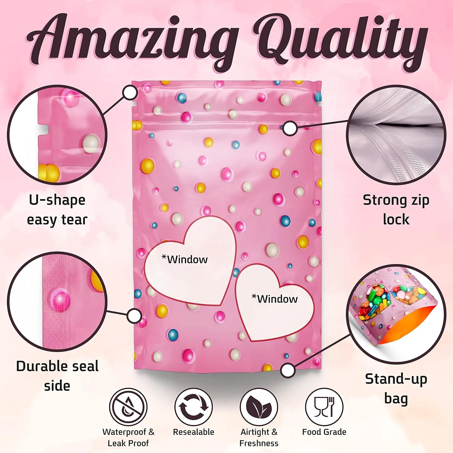Resealable Standup Bags 3X4.7 inches. 100 Pk – Airtight, Waterproof, Zip Lock Seal and/or Heat Seal - Opaque Foil Pouch - Food Grade Bags For long shelf-life Storage (Small, candy)