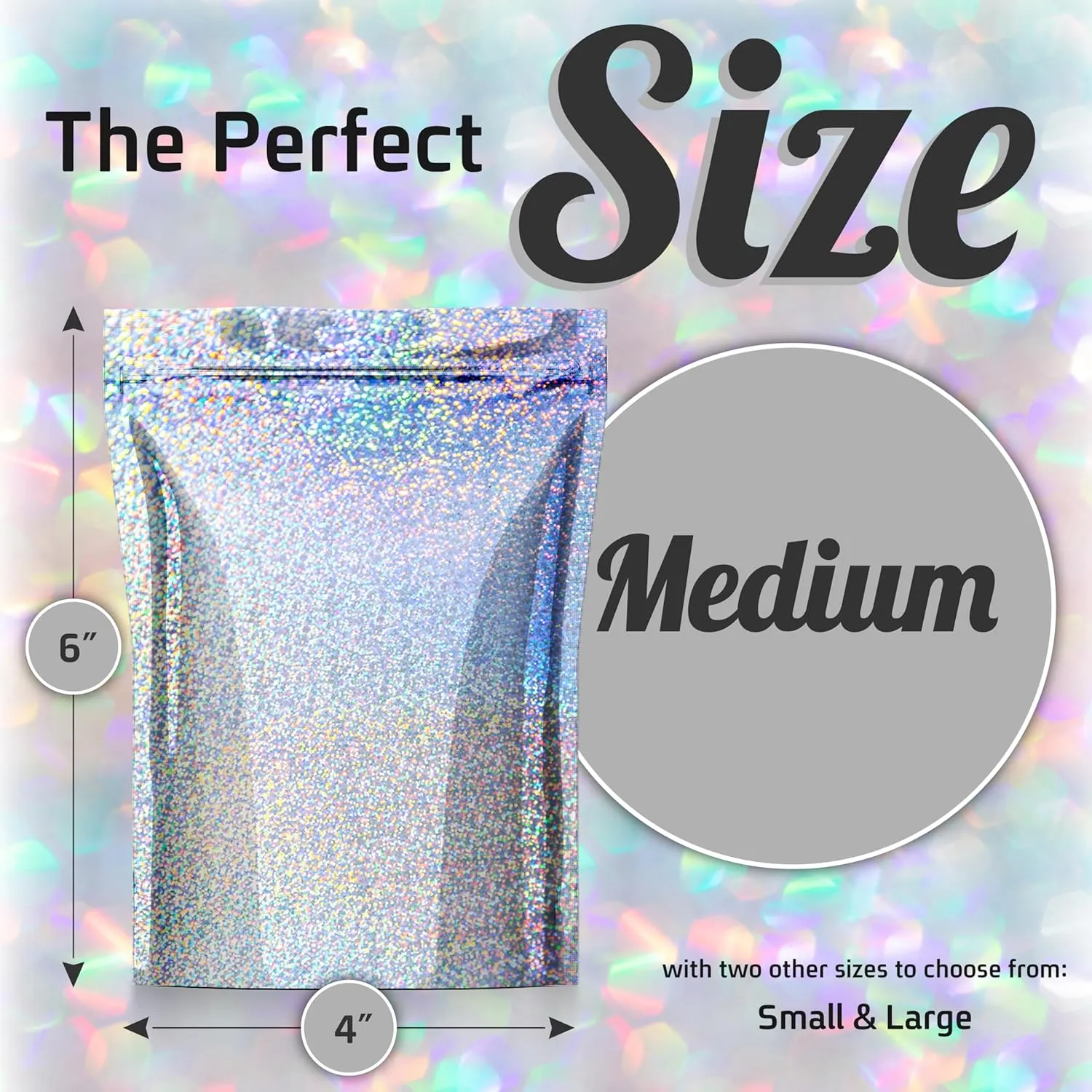 Resealable STANDUP Mylar Hologram Metallic Amazing Bags 4x6 inches. 60 Pk – Airtight, Waterproof, Zip Lock-Opaque Foil Pouch - Food Grade. Long shelf-life Storage (60 pck Medium, Metallic)