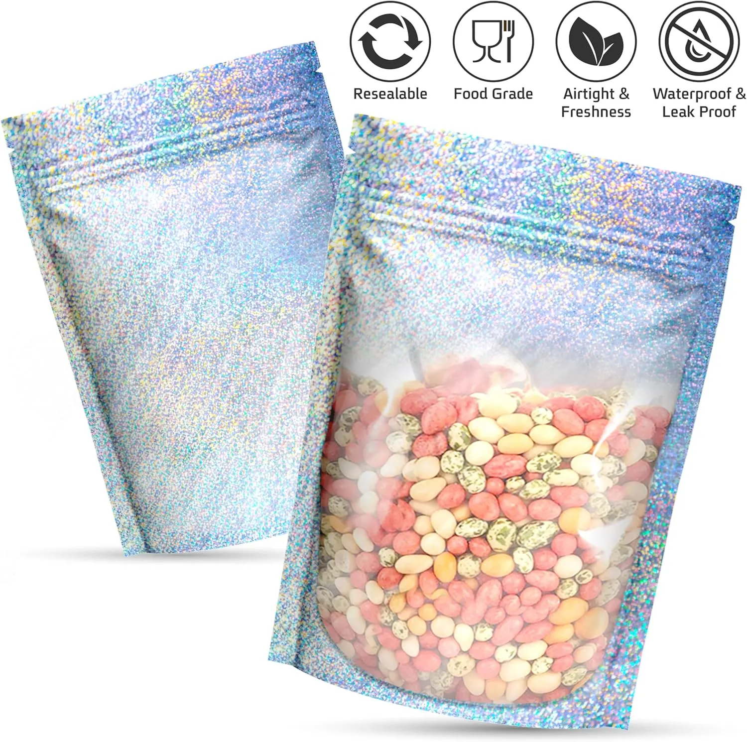 Resealable STANDUP Mylar Hologram Metallic Amazing Bags 4x6 inches. 60 Pk – Airtight, Waterproof, Zip Lock-Opaque Foil Pouch - Food Grade. Long shelf-life Storage (60 pck Medium, Metallic)