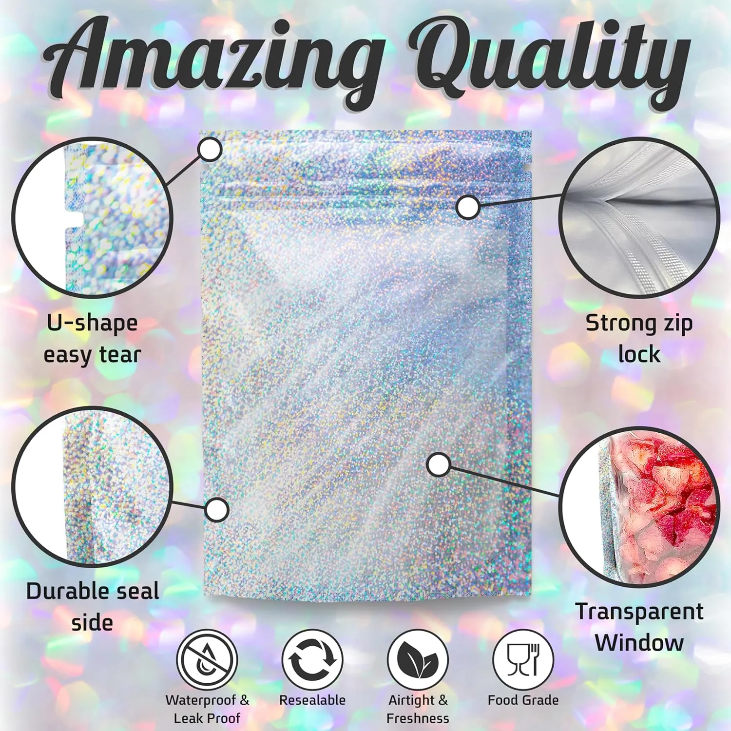 Resealable STANDUP Mylar Hologram Metallic Amazing Bags 4x6 inches. 60 Pk – Airtight, Waterproof, Zip Lock-Opaque Foil Pouch - Food Grade. Long shelf-life Storage (60 pck Medium, Metallic)