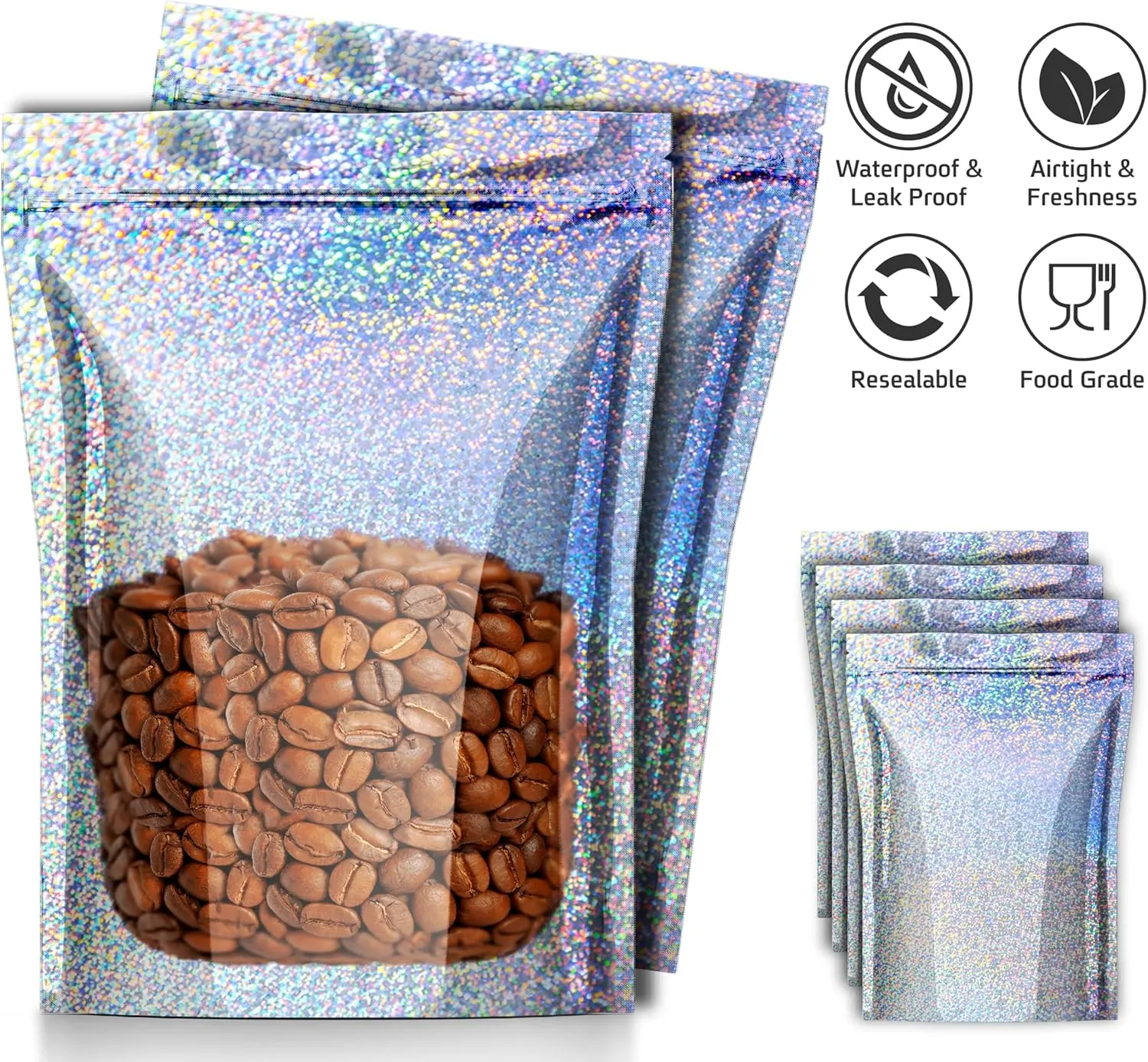 Resealable STANDUP Mylar Hologram Metallic Amazing Bags 4x6 inches. 60 Pk – Airtight, Waterproof, Zip Lock-Opaque Foil Pouch - Food Grade. Long shelf-life Storage (60 pck Medium, Metallic)