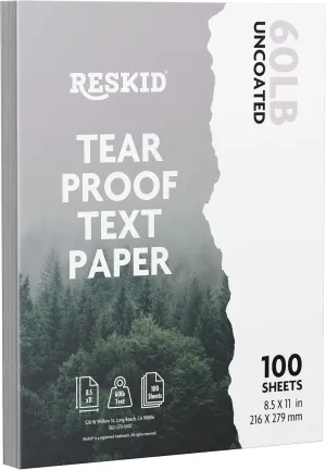 Reskid Tear Resistant Paper - 8.5x11in, 100 Sheets – Printable Like Paper