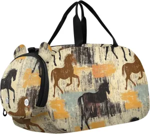 Retro Rustic Horses Duffel Bag with Shoes Compartment Lightweight Weekender Overnight Duffel Bag for School Practice, Sports, Travel