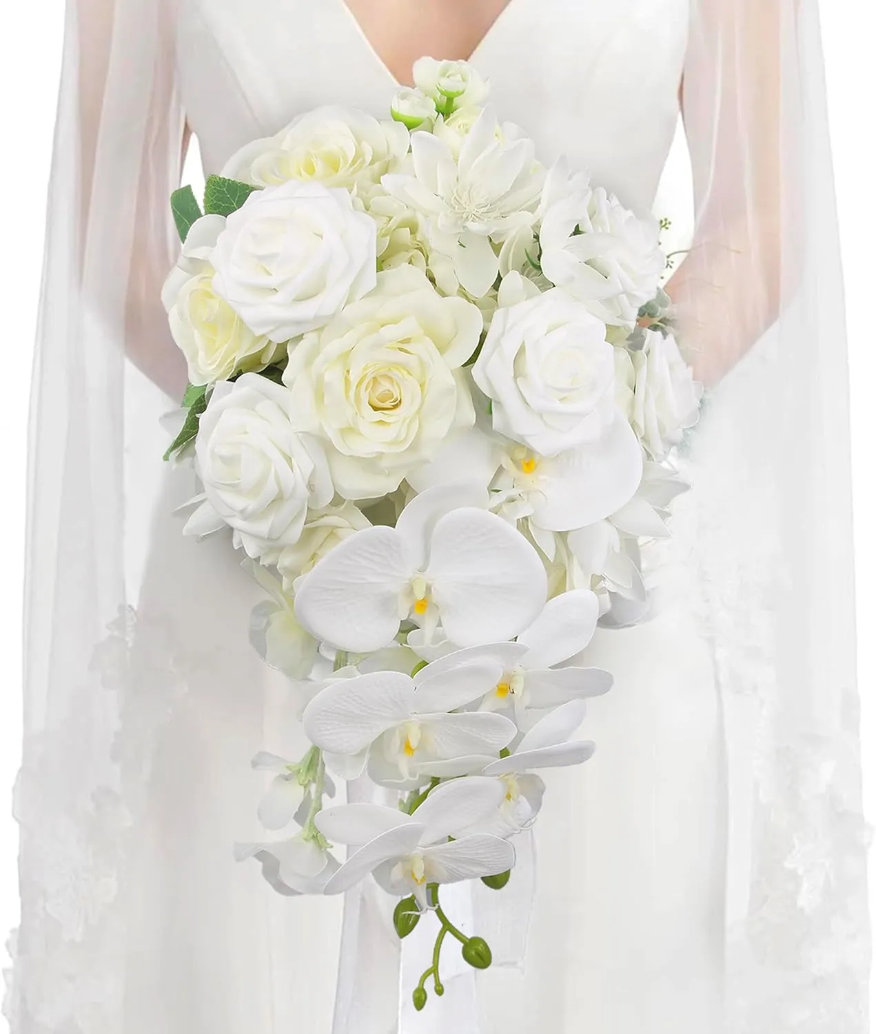 Rinlong 11" Wide White Orchid Cascading Wedding Bouquet - Real Touch Silk Cascade Bridal Bouquet