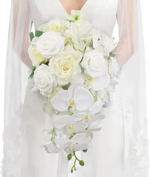Rinlong 11" Wide White Orchid Cascading Wedding Bouquet - Real Touch Silk Cascade Bridal Bouquet