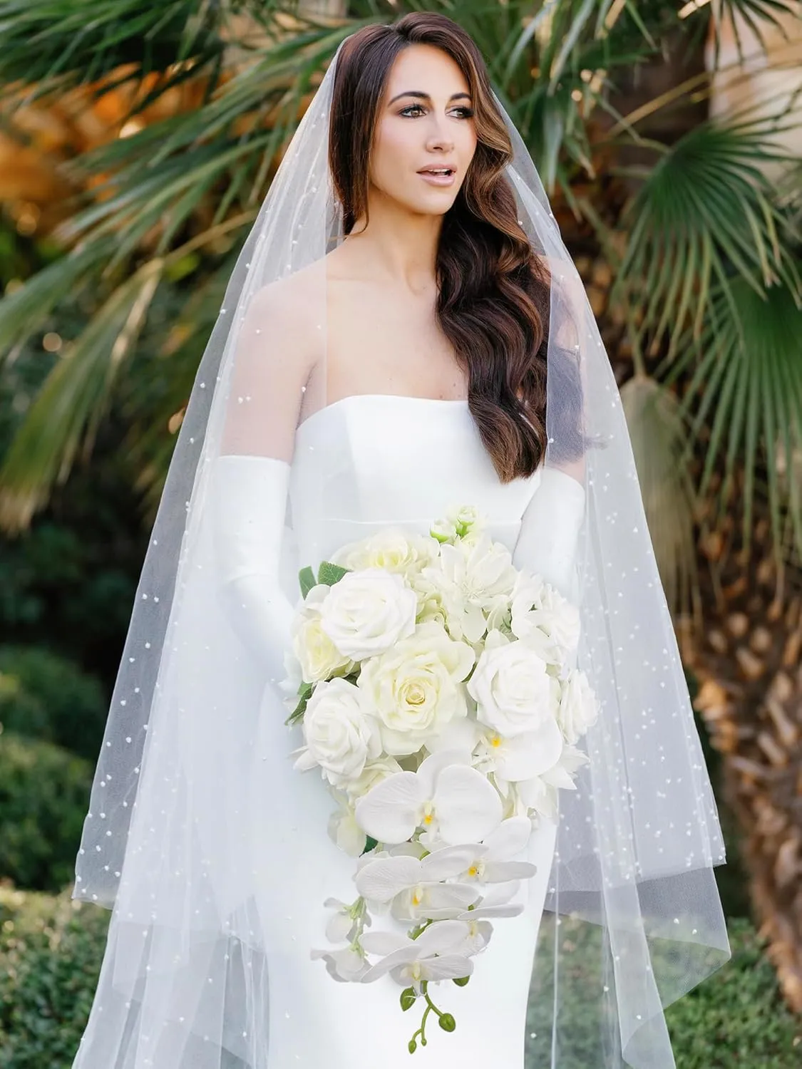 Rinlong 11" Wide White Orchid Cascading Wedding Bouquet - Real Touch Silk Cascade Bridal Bouquet