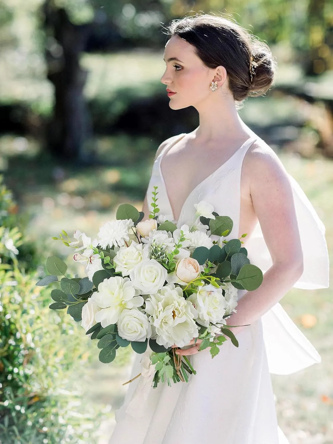 Rinlong 16.5 Inch Wedding Bouquets for Bride White Sage Green Bridal Bouquet for Wedding Silk Real Touch Artificial Flowers