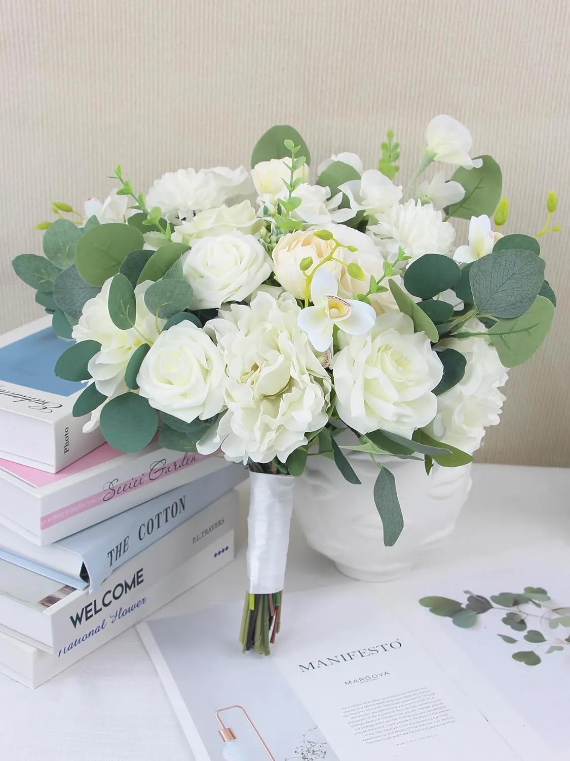 Rinlong 16.5 Inch Wedding Bouquets for Bride White Sage Green Bridal Bouquet for Wedding Silk Real Touch Artificial Flowers