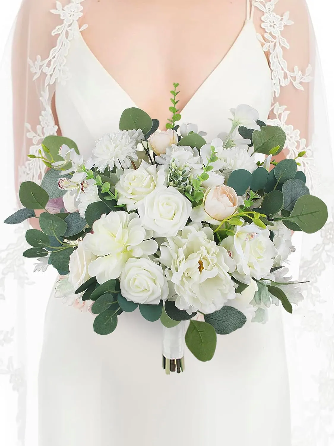 Rinlong 16.5 Inch Wedding Bouquets for Bride White Sage Green Bridal Bouquet for Wedding Silk Real Touch Artificial Flowers
