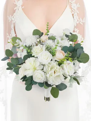 Rinlong 16.5 Inch Wedding Bouquets for Bride White Sage Green Bridal Bouquet for Wedding Silk Real Touch Artificial Flowers