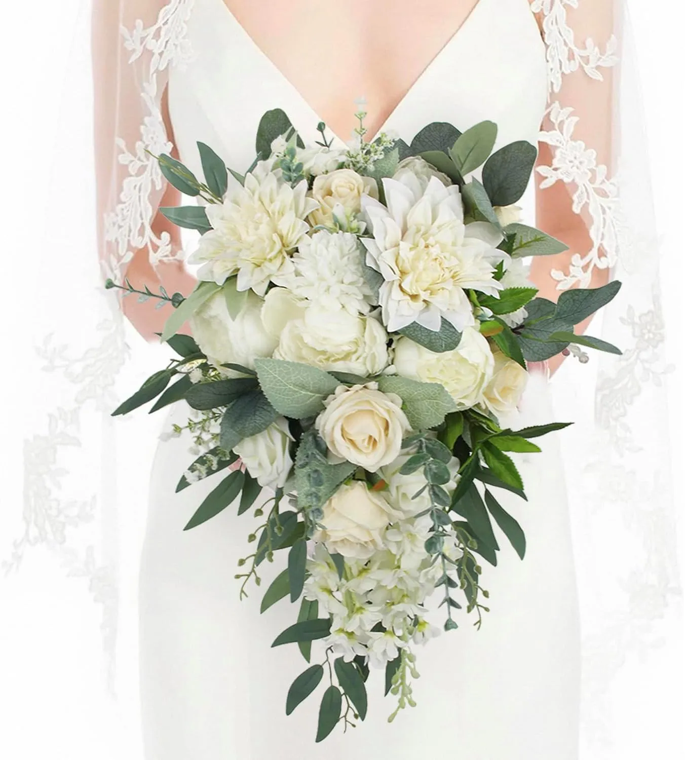 Rinlong White Green Cascade Bouquet Wedding Bouquets for Bride Cascading Wedding Bouquet Bridal Bouquet Artificial Flowers