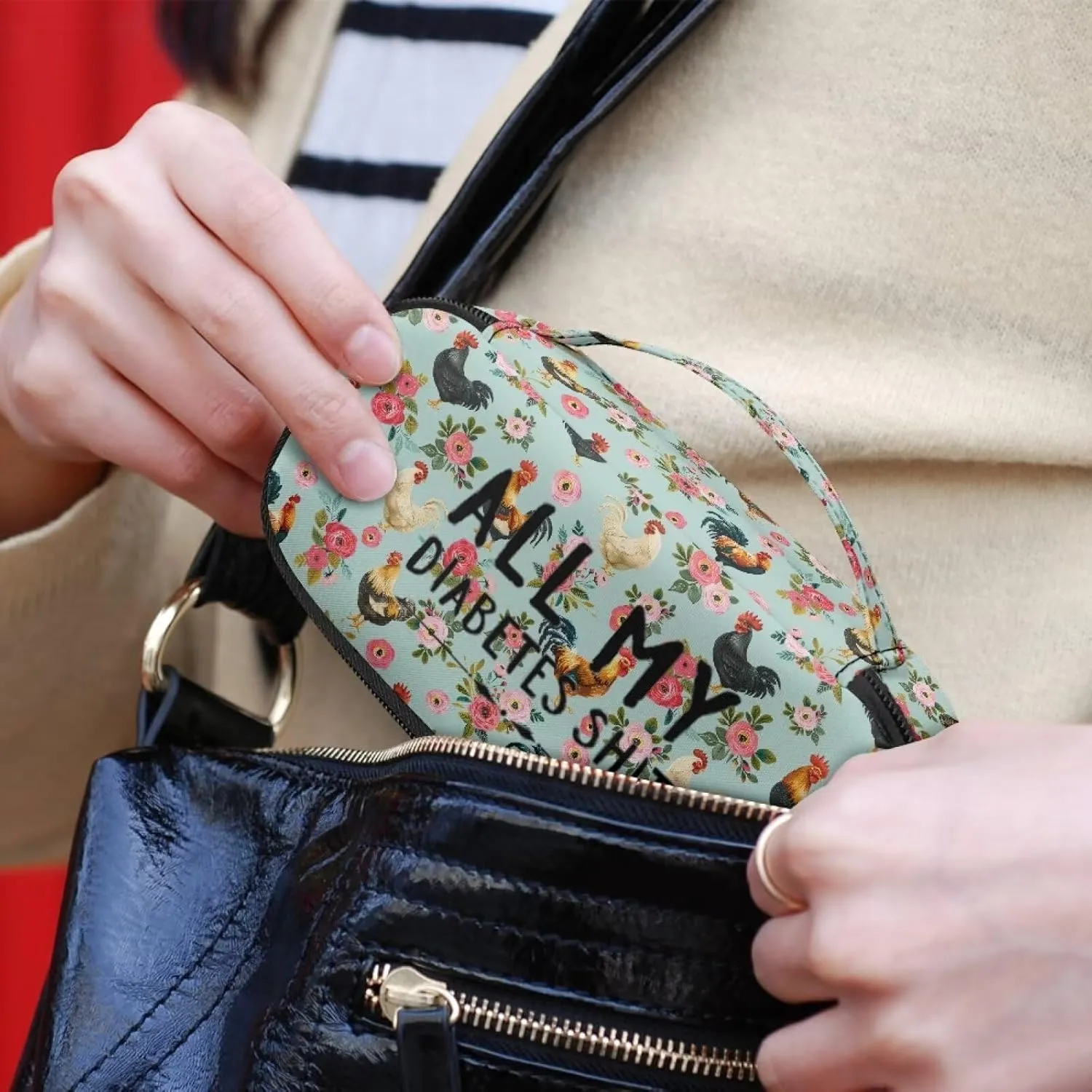 Rnyleeg Insulin Bags for Women Chicken Flower Pattern Insulin Cooler Travel Case Portable Diabetic Supplies Storage for Home