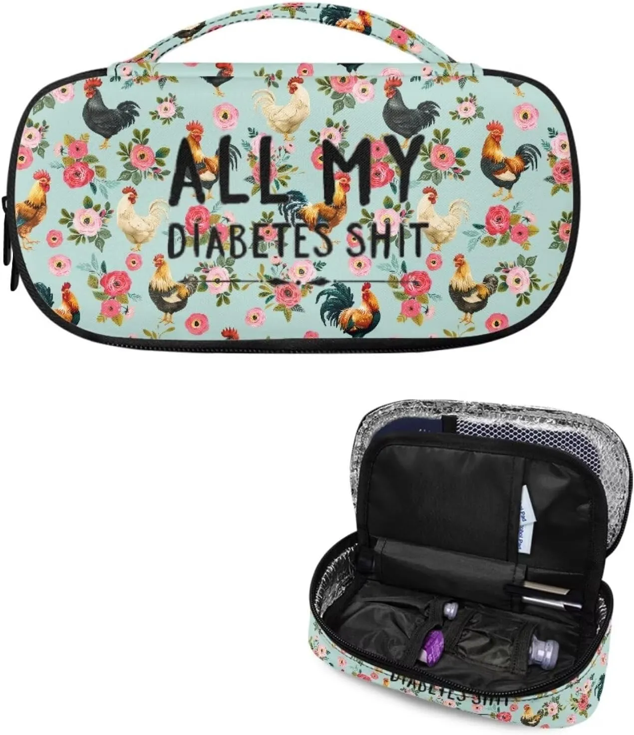 Rnyleeg Insulin Bags for Women Chicken Flower Pattern Insulin Cooler Travel Case Portable Diabetic Supplies Storage for Home