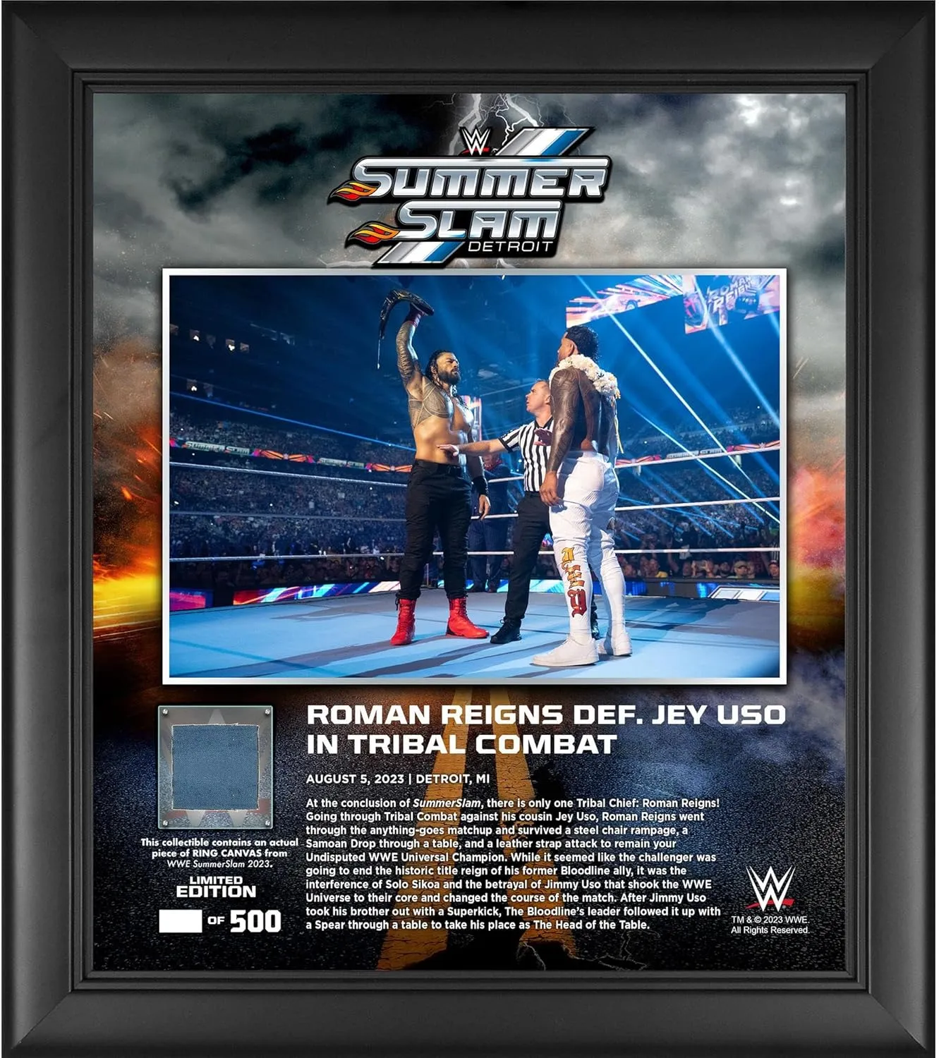 Roman Reigns WWE Framed 15" x 17" 2023 SummerSlam Collage with a Piece of Match-Used Canvas - Limited Edition of 500 - Wrestling Plaques and Collages