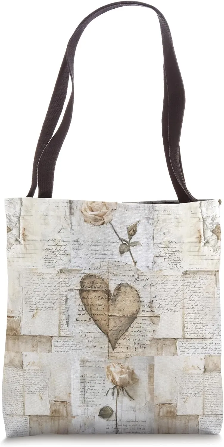 Romantic Poetry Rose and Heart Collage - Vintage Love Art Tote Bag