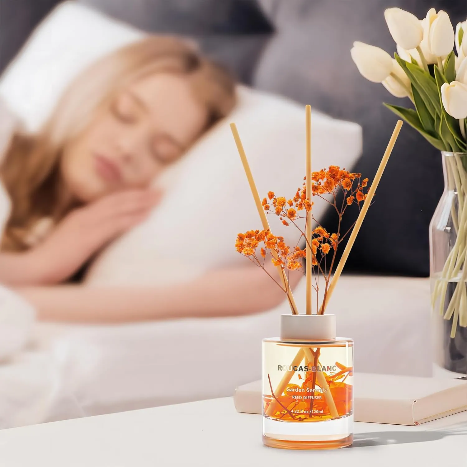 ROUCAS BLANC Reed Diffuser Set with Preserved Flowers, Gardenia and Jasmine Scented Diffuser with Sticks, Room Decor & Bathroom Decor, Aromatherapy Home Fragrance Diffuser Gift (Garden Serenity)
