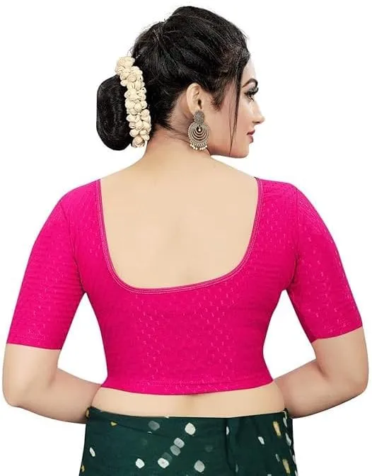 Round Neck Dobby Cotton Lycra Stretchable Elbow Sleeve Readymade Saree Blouse for Women Stylish
