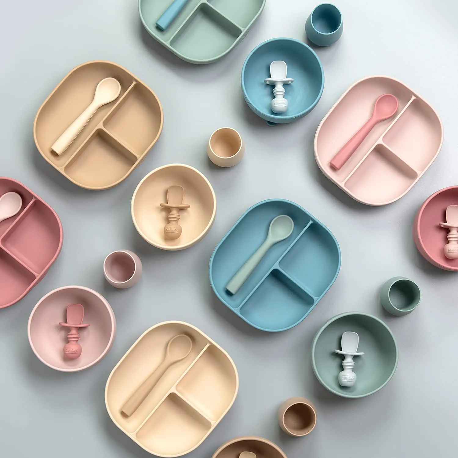 SAMiGO Silicone Baby Feeding Set, Baby Led Weaning Supplies, Suction Bowl Plate Bib Cup Self Feeding Spoons, Solid Food Eating Essentials, First Stage Utensils, 6  Months