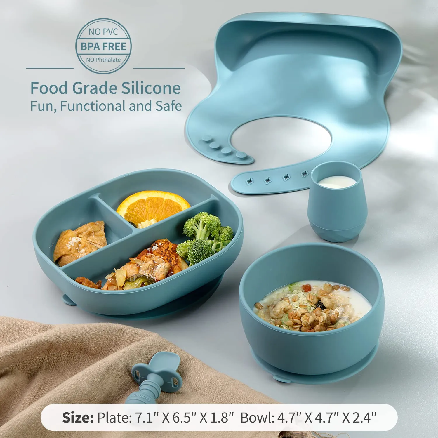 SAMiGO Silicone Baby Feeding Set, Baby Led Weaning Supplies, Suction Bowl Plate Bib Cup Self Feeding Spoons, Solid Food Eating Essentials, First Stage Utensils, 6  Months
