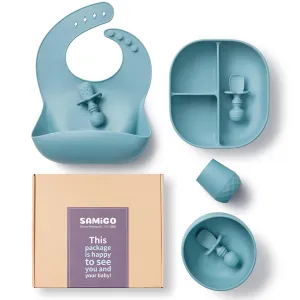 SAMiGO Silicone Baby Feeding Set, Baby Led Weaning Supplies, Suction Bowl Plate Bib Cup Self Feeding Spoons, Solid Food Eating Essentials, First Stage Utensils, 6  Months
