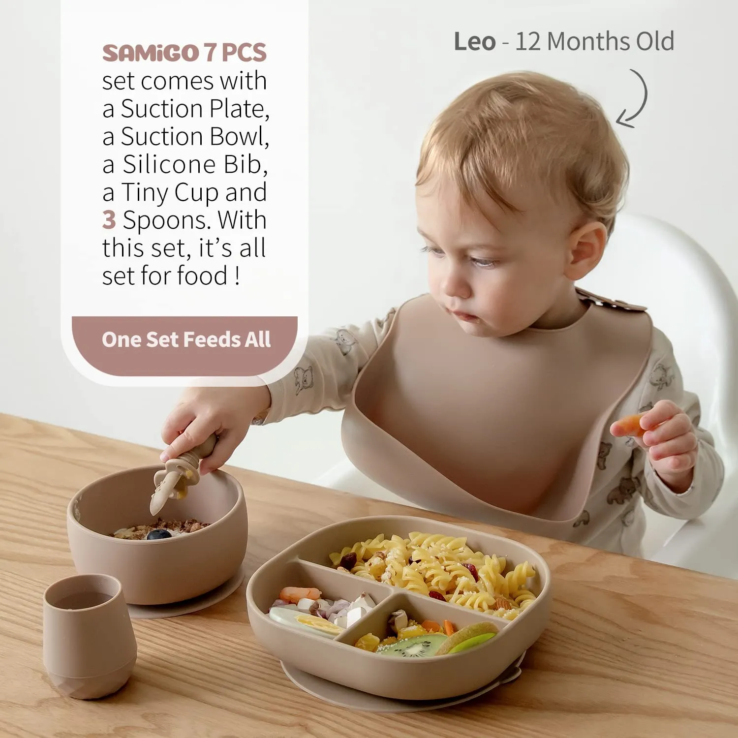 SAMiGO Silicone Baby Feeding Set, Baby Led Weaning Supplies, Suction Bowl Plate Bib Cup Self Feeding Spoons, Solid Food Eating Essentials, First Stage Utensils, 6  Months