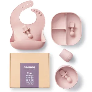 SAMiGO Silicone Baby Feeding Set, Baby Led Weaning Supplies, Suction Bowl Plate Bib Cup Self Feeding Spoons, Solid Food Eating Essentials, First Stage Utensils, 6  Months