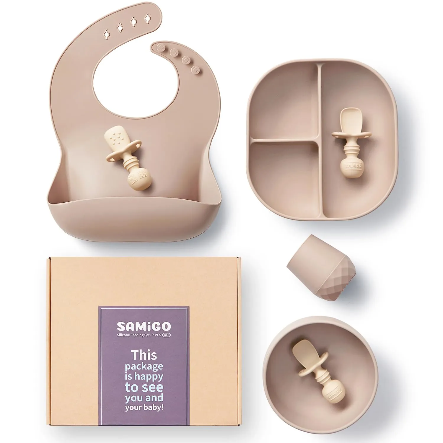 SAMiGO Silicone Baby Feeding Set, Baby Led Weaning Supplies, Suction Bowl Plate Bib Cup Self Feeding Spoons, Solid Food Eating Essentials, First Stage Utensils, 6  Months