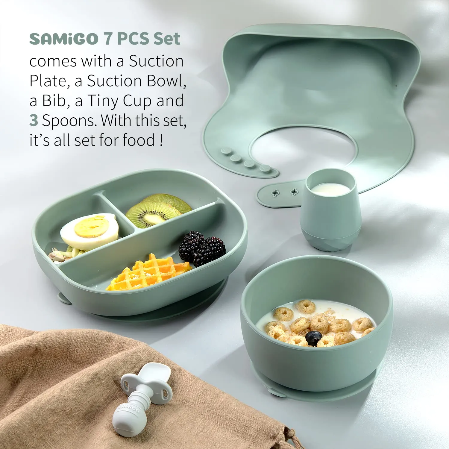 SAMiGO Silicone Baby Feeding Set, Baby Led Weaning Supplies, Suction Bowl Plate Bib Cup Self Feeding Spoons, Solid Food Eating Essentials, First Stage Utensils, 6  Months