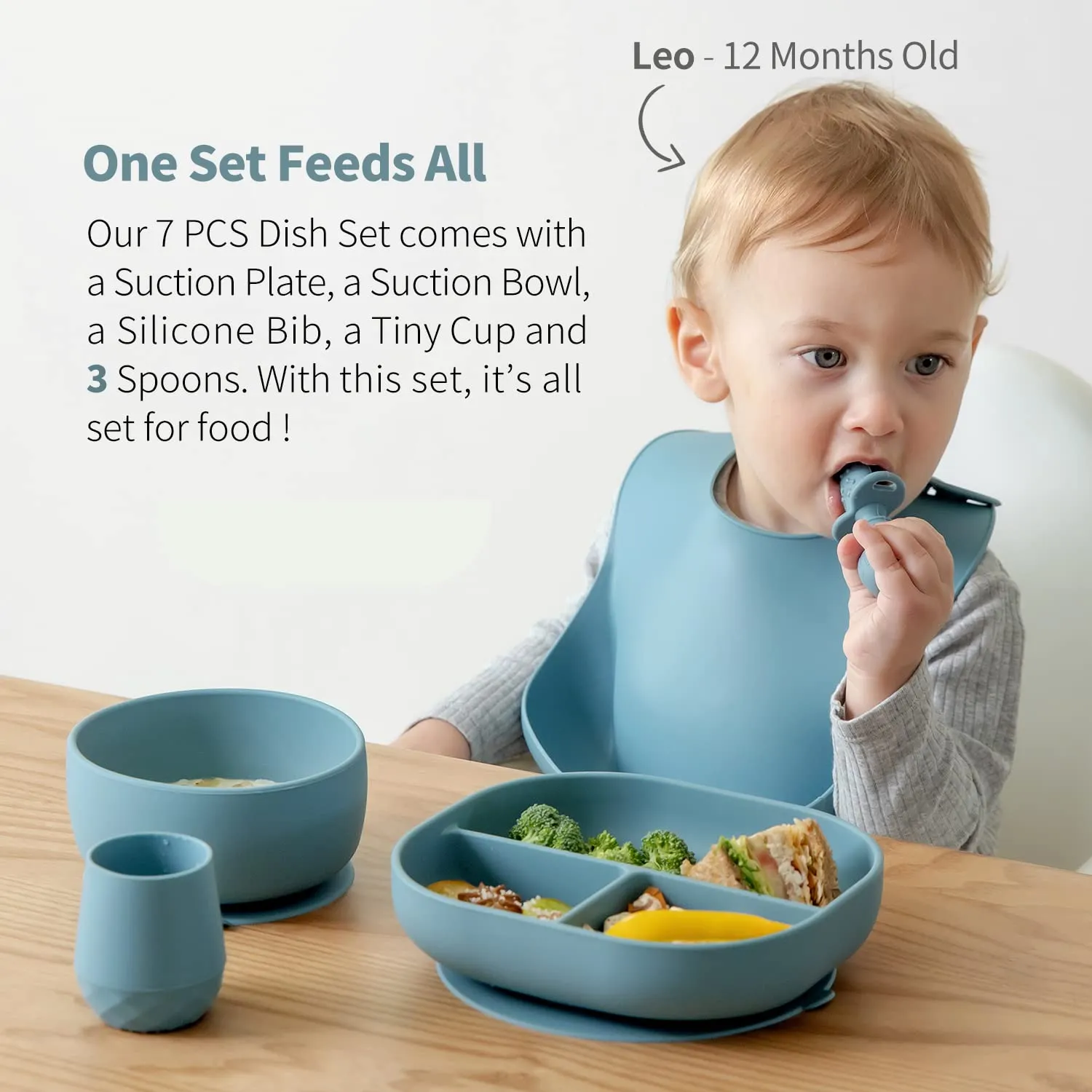 SAMiGO Silicone Baby Feeding Set, Baby Led Weaning Supplies, Suction Bowl Plate Bib Cup Self Feeding Spoons, Solid Food Eating Essentials, First Stage Utensils, 6  Months