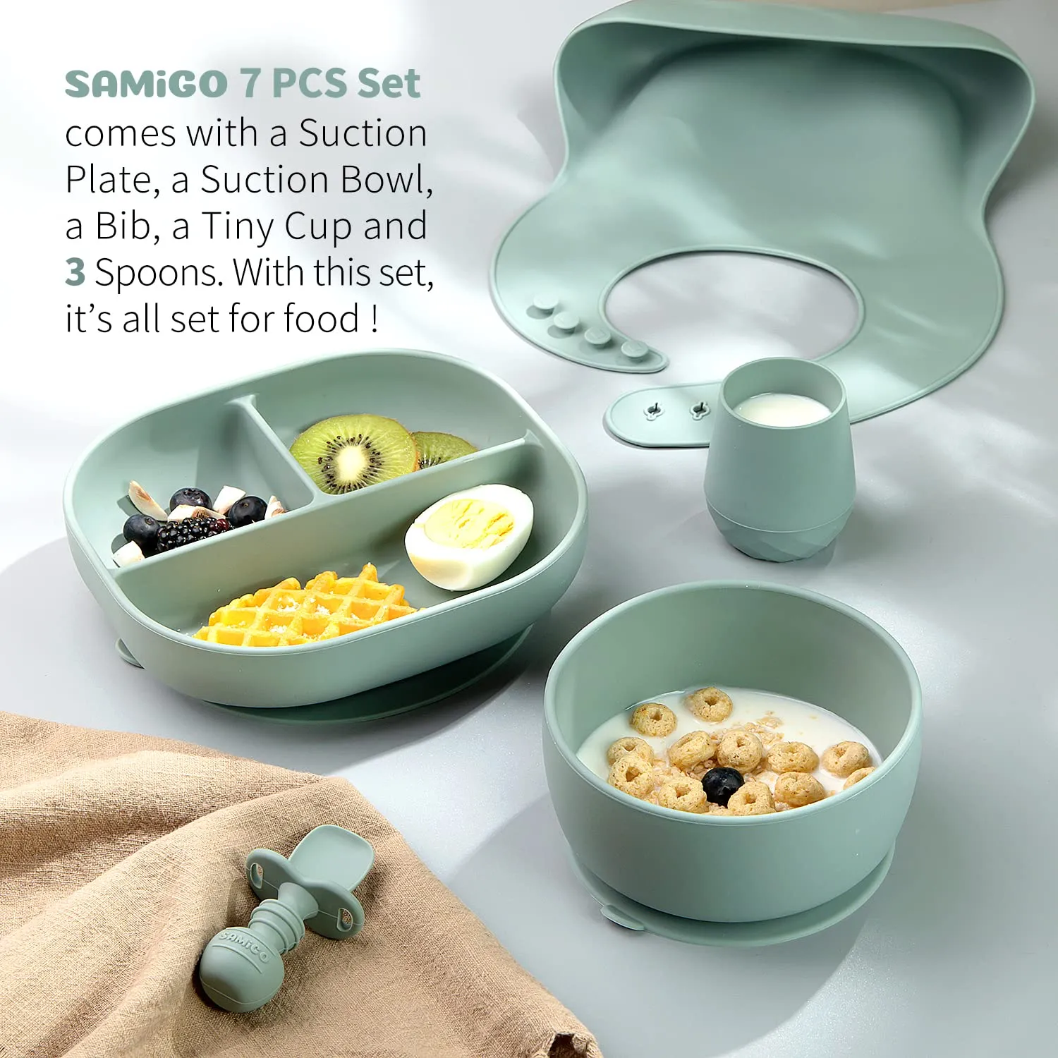 SAMiGO Silicone Baby Feeding Set, Baby Led Weaning Supplies, Suction Bowl Plate Bib Cup Self Feeding Spoons, Solid Food Eating Essentials, First Stage Utensils, 6  Months