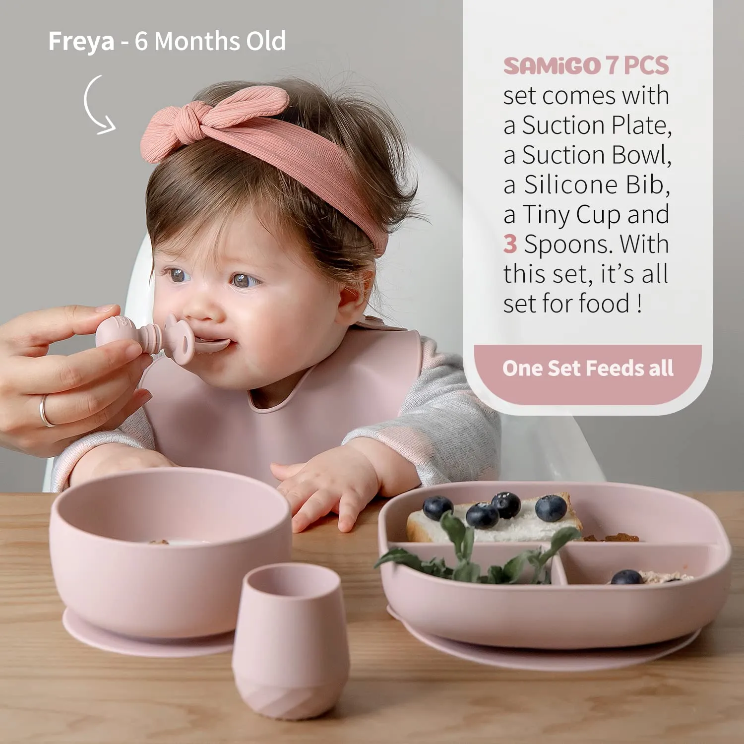 SAMiGO Silicone Baby Feeding Set, Baby Led Weaning Supplies, Suction Bowl Plate Bib Cup Self Feeding Spoons, Solid Food Eating Essentials, First Stage Utensils, 6  Months
