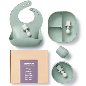 SAMiGO Silicone Baby Feeding Set, Baby Led Weaning Supplies, Suction Bowl Plate Bib Cup Self Feeding Spoons, Solid Food Eating Essentials, First Stage Utensils, 6  Months