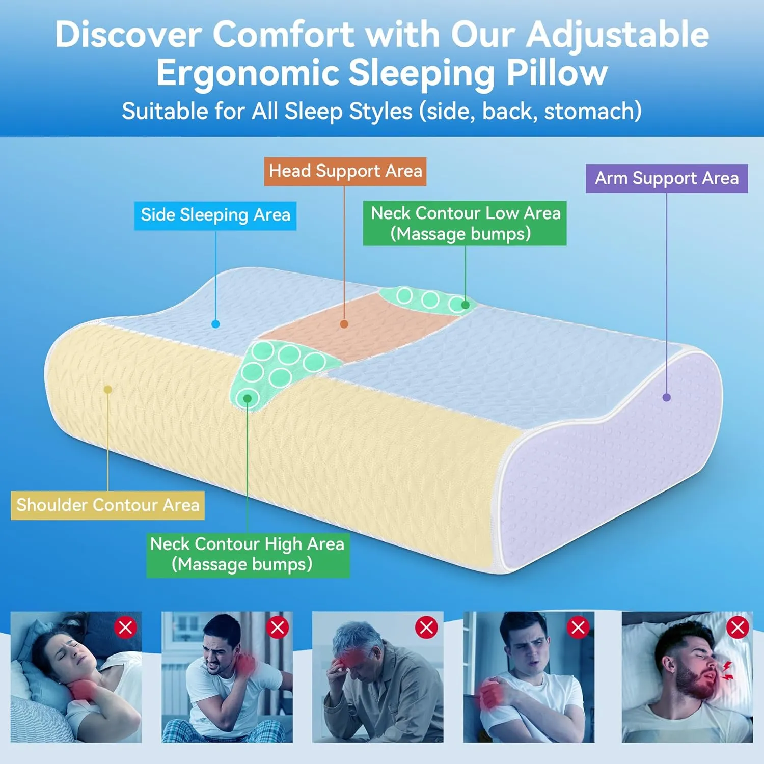 Sandwich Cervical Neck Pillow Queen Size - Dynamic Memory Foam Pillow for Neck Shoulder Pain Relief, Ergonomic Adjustable Contour Bed Pillow for Side, Back & Stomach Sleepers CertiPUR-US