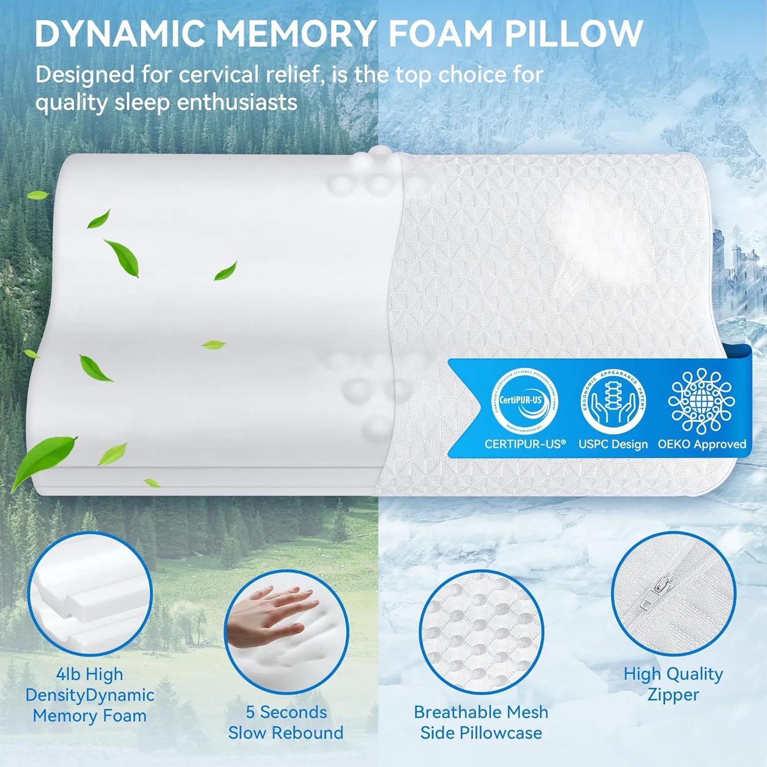 Sandwich Cervical Neck Pillow Queen Size - Dynamic Memory Foam Pillow for Neck Shoulder Pain Relief, Ergonomic Adjustable Contour Bed Pillow for Side, Back & Stomach Sleepers CertiPUR-US