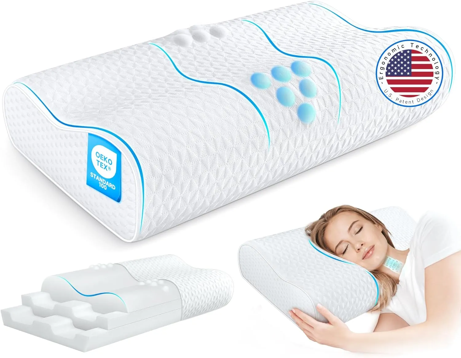 Sandwich Cervical Neck Pillow Queen Size - Dynamic Memory Foam Pillow for Neck Shoulder Pain Relief, Ergonomic Adjustable Contour Bed Pillow for Side, Back & Stomach Sleepers CertiPUR-US