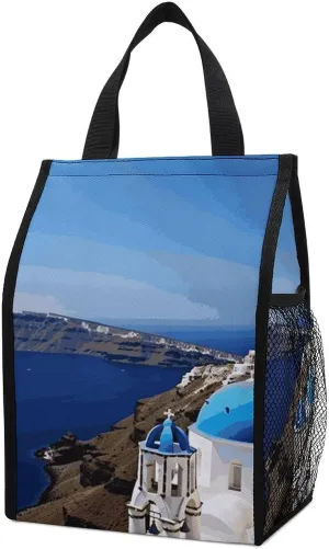 Santorini Greek Island Sea View Lunch Bag Insulated Reusable Lunch Box Container Leakproof Lunch Tote Bag for Women Men Office Work Beach Or Travel