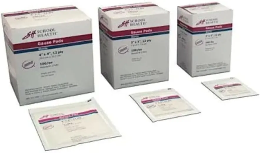 School Health Sterile Gauze Pads for Wound Dressing, Individually Wrapped, Highly Absorbent Cotton | Gauze Pads for Wound Care & First Aid Kits - 100 Pack (4x4 Inch)