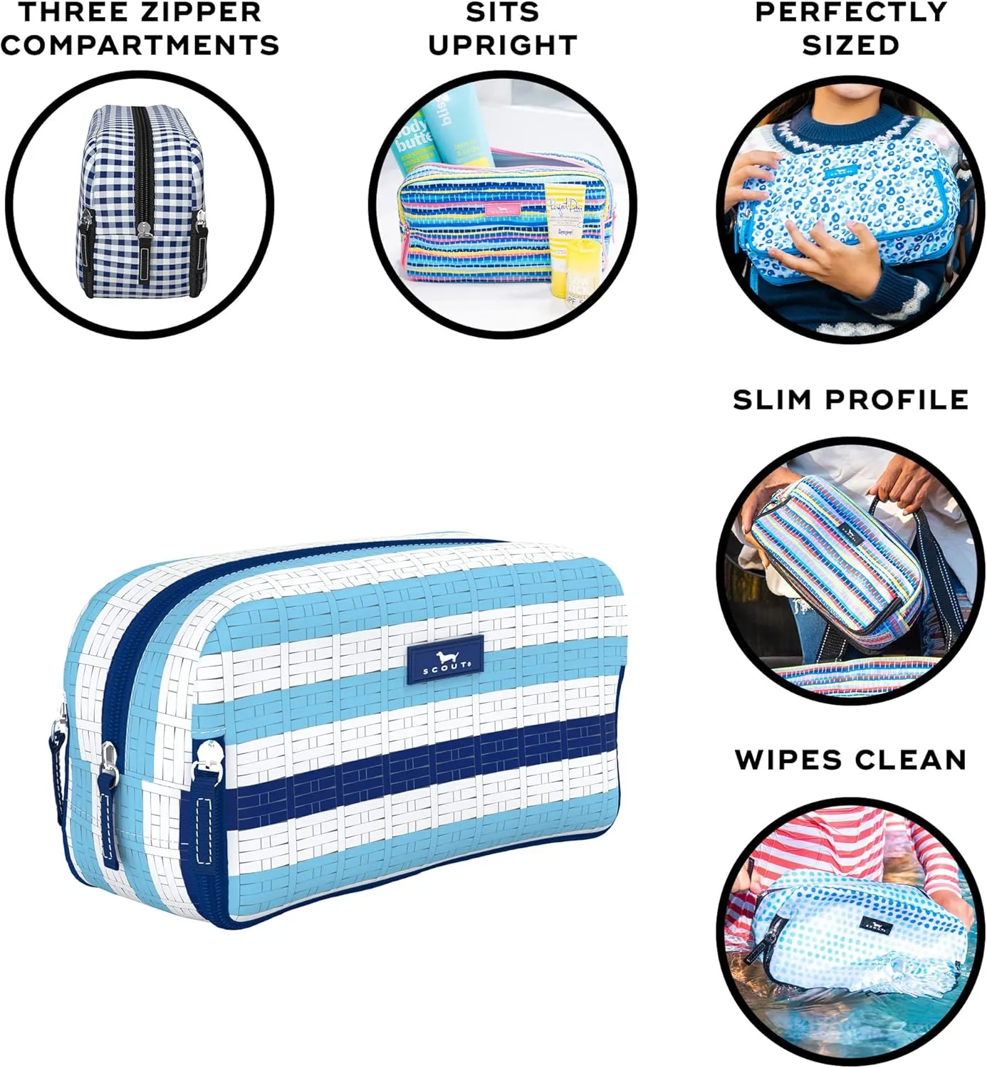 SCOUT 3-Way Bag - Travel Makeup Pouch and Toiletry Bag for Women with Three Zipper Compartments - Stands Upright, Wipes Clean