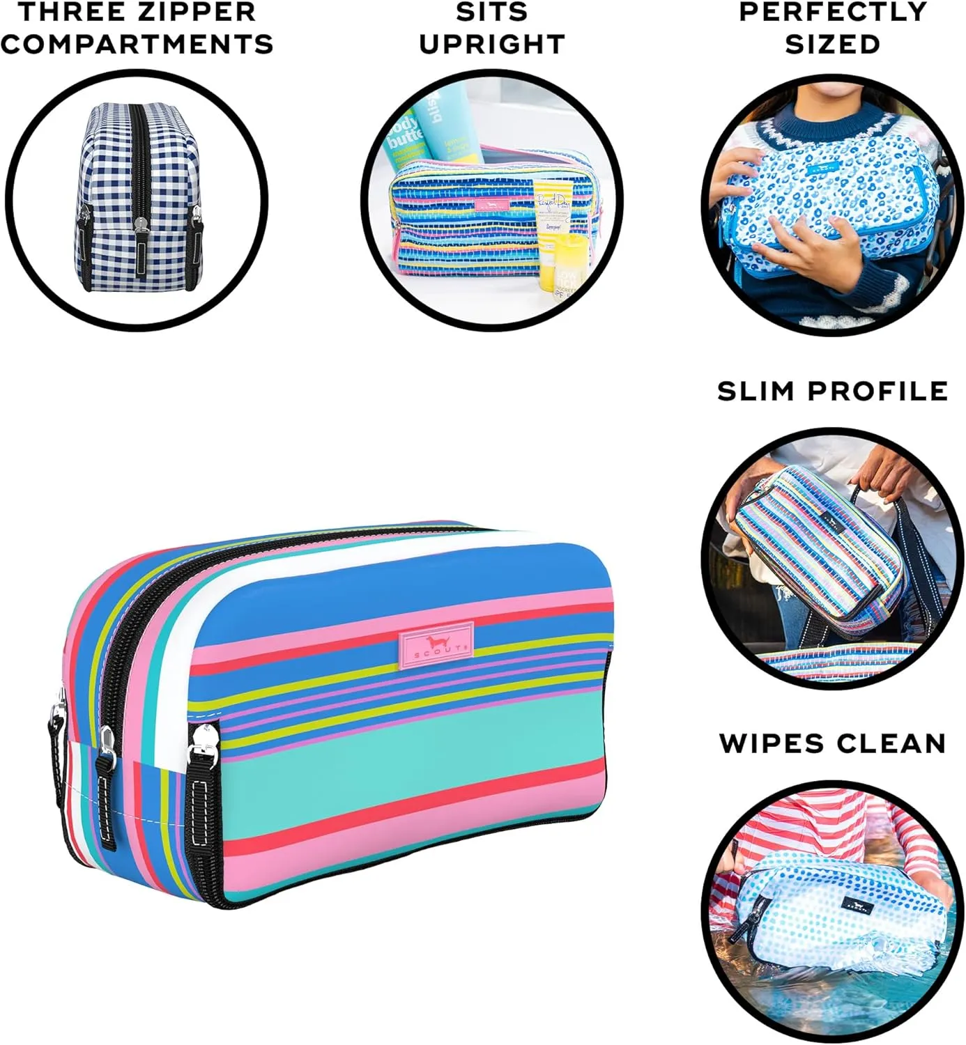 SCOUT 3-Way Bag - Travel Makeup Pouch and Toiletry Bag for Women with Three Zipper Compartments - Stands Upright, Wipes Clean