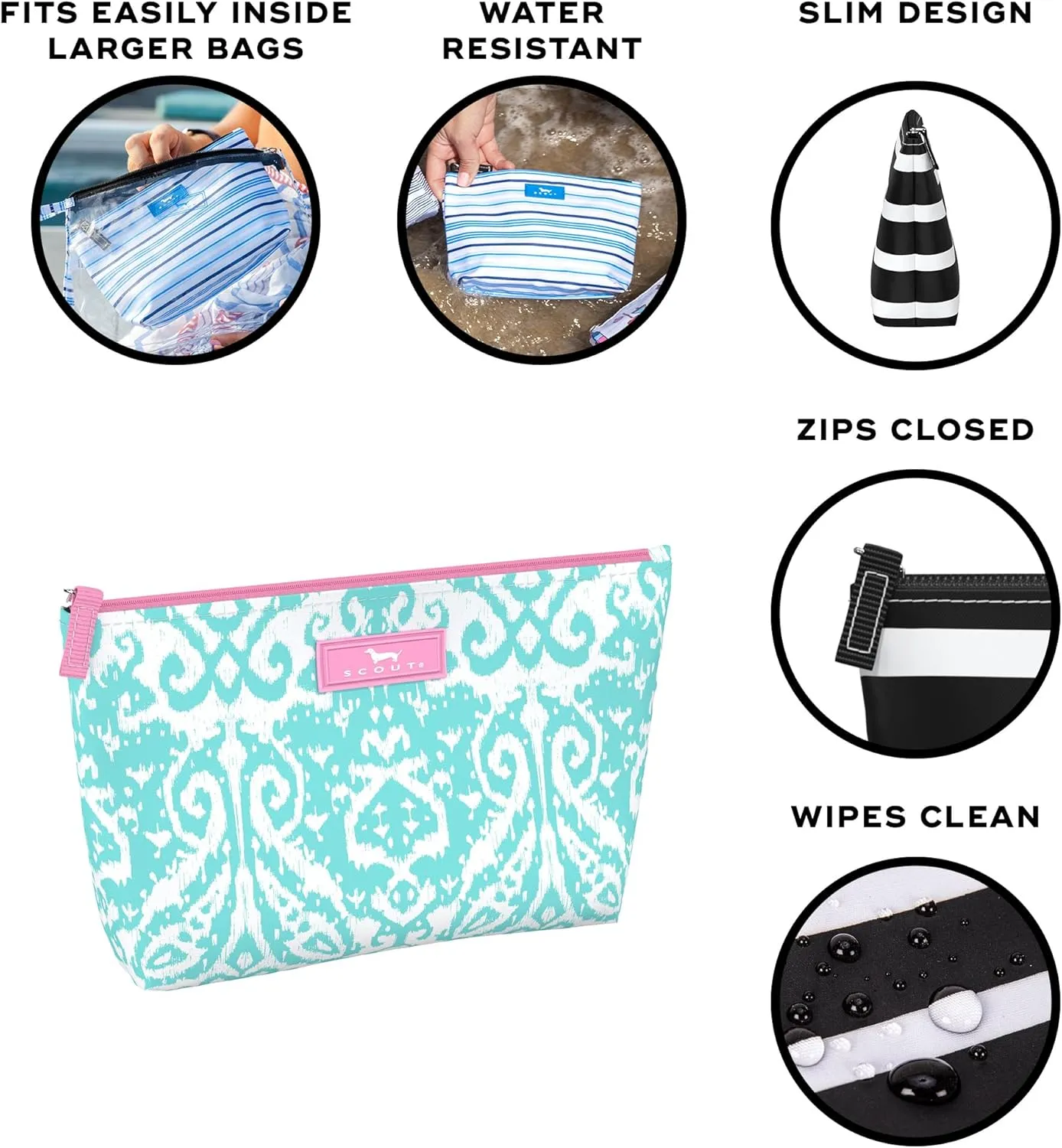 SCOUT Twiggy Makeup Bag, Slim Water-Resistant Pouch Zips Shut, Wipes Clean, Packs Easily