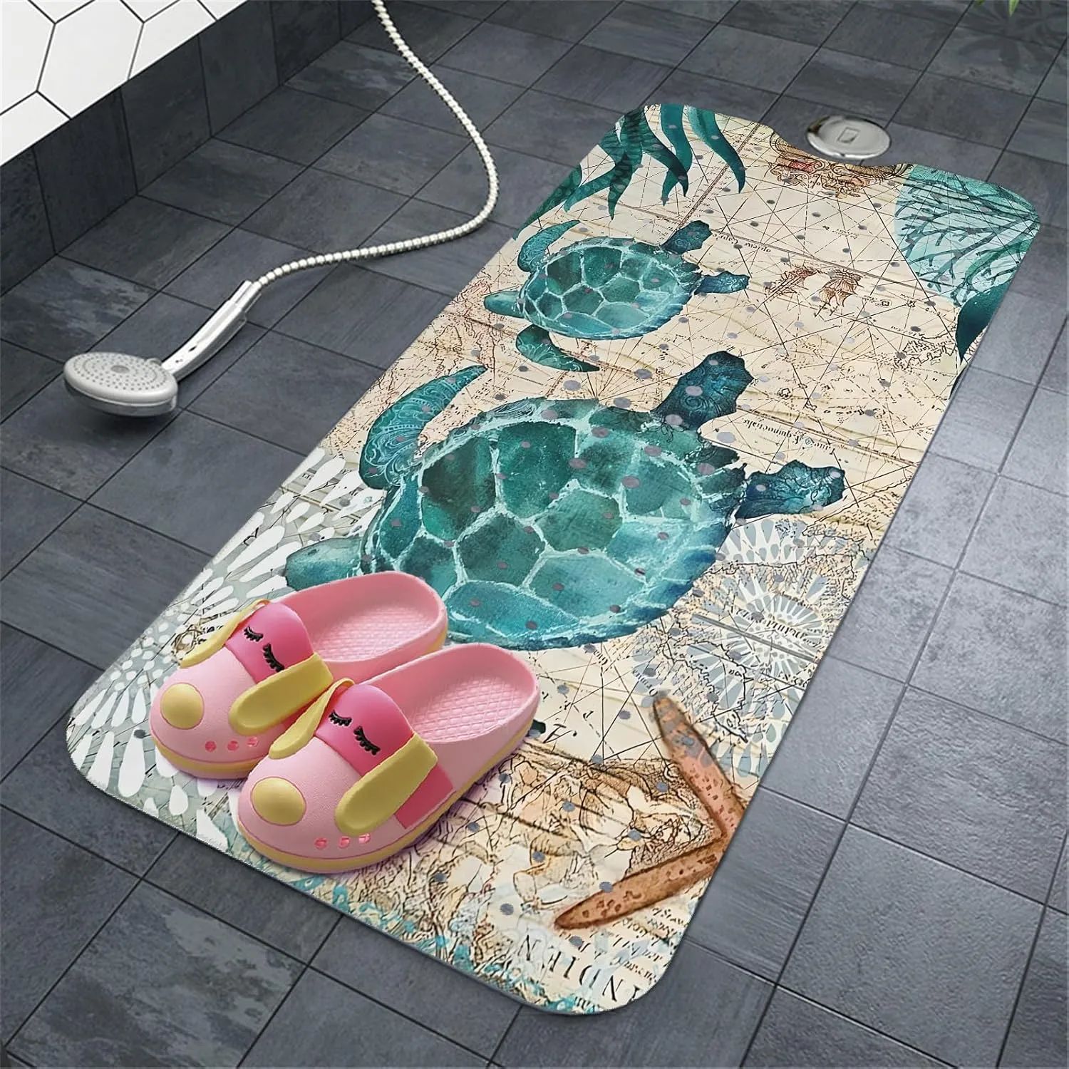 Sea Turtle Bathtub Mat Non Slip, Baby Bath Mat for Tub Rubber Tub Mat, Cute Kids Bath Mats for Bathroom Ocean Beach Anti Slip Shower Mat with Suction and Drain Holes Machine Washable, 39.5″X15.8″