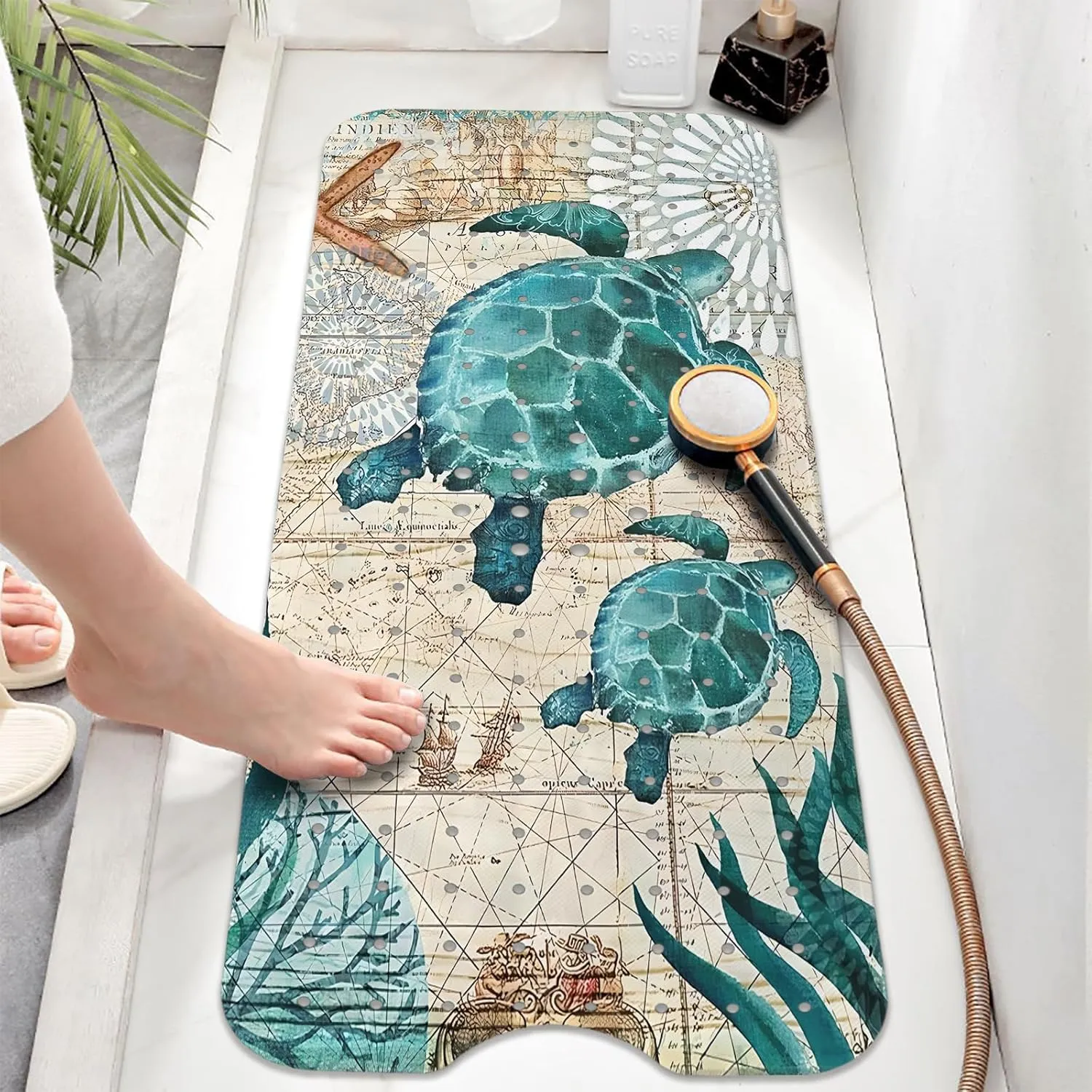 Sea Turtle Bathtub Mat Non Slip, Baby Bath Mat for Tub Rubber Tub Mat, Cute Kids Bath Mats for Bathroom Ocean Beach Anti Slip Shower Mat with Suction and Drain Holes Machine Washable, 39.5″X15.8″