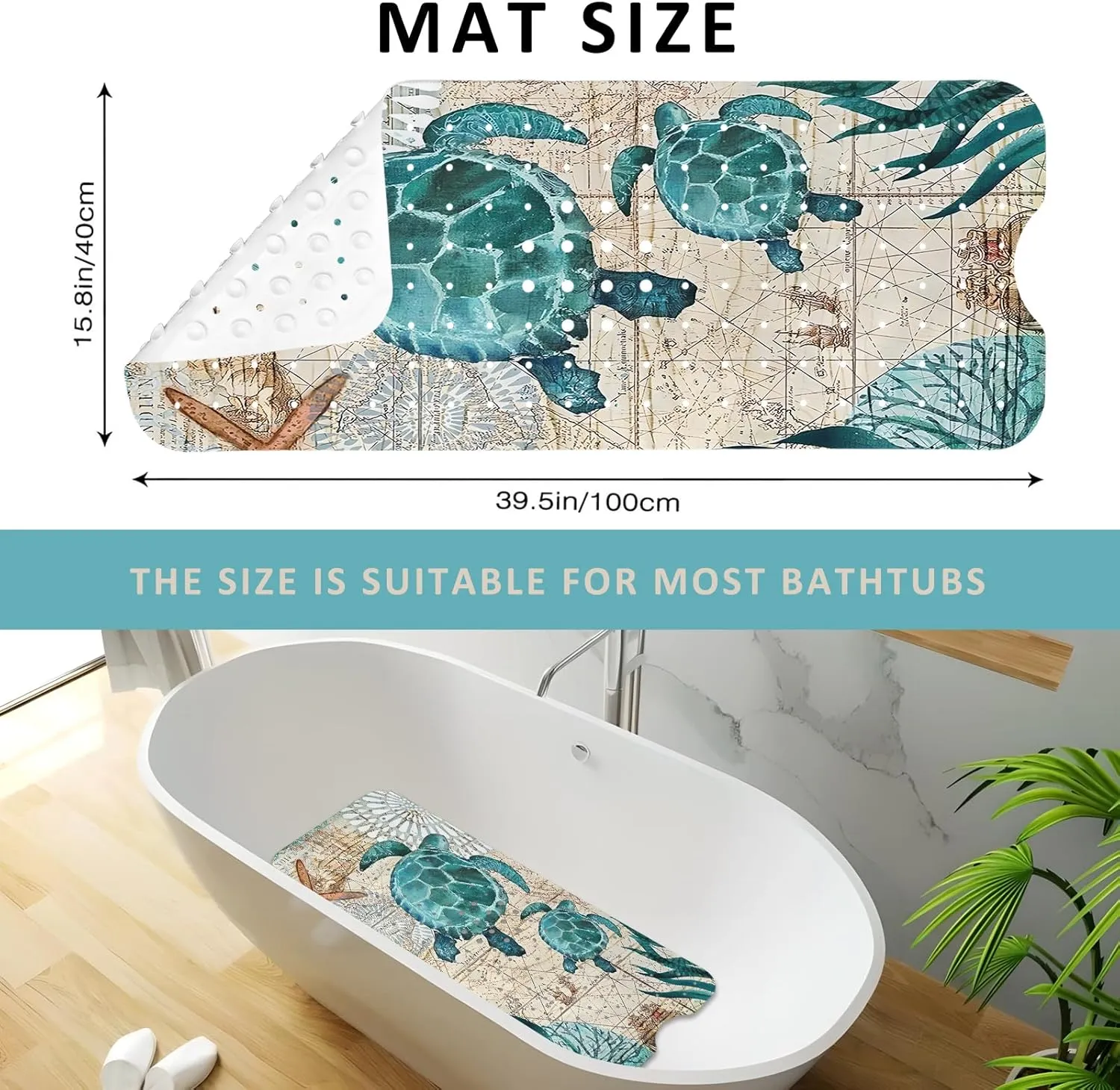 Sea Turtle Bathtub Mat Non Slip, Baby Bath Mat for Tub Rubber Tub Mat, Cute Kids Bath Mats for Bathroom Ocean Beach Anti Slip Shower Mat with Suction and Drain Holes Machine Washable, 39.5″X15.8″