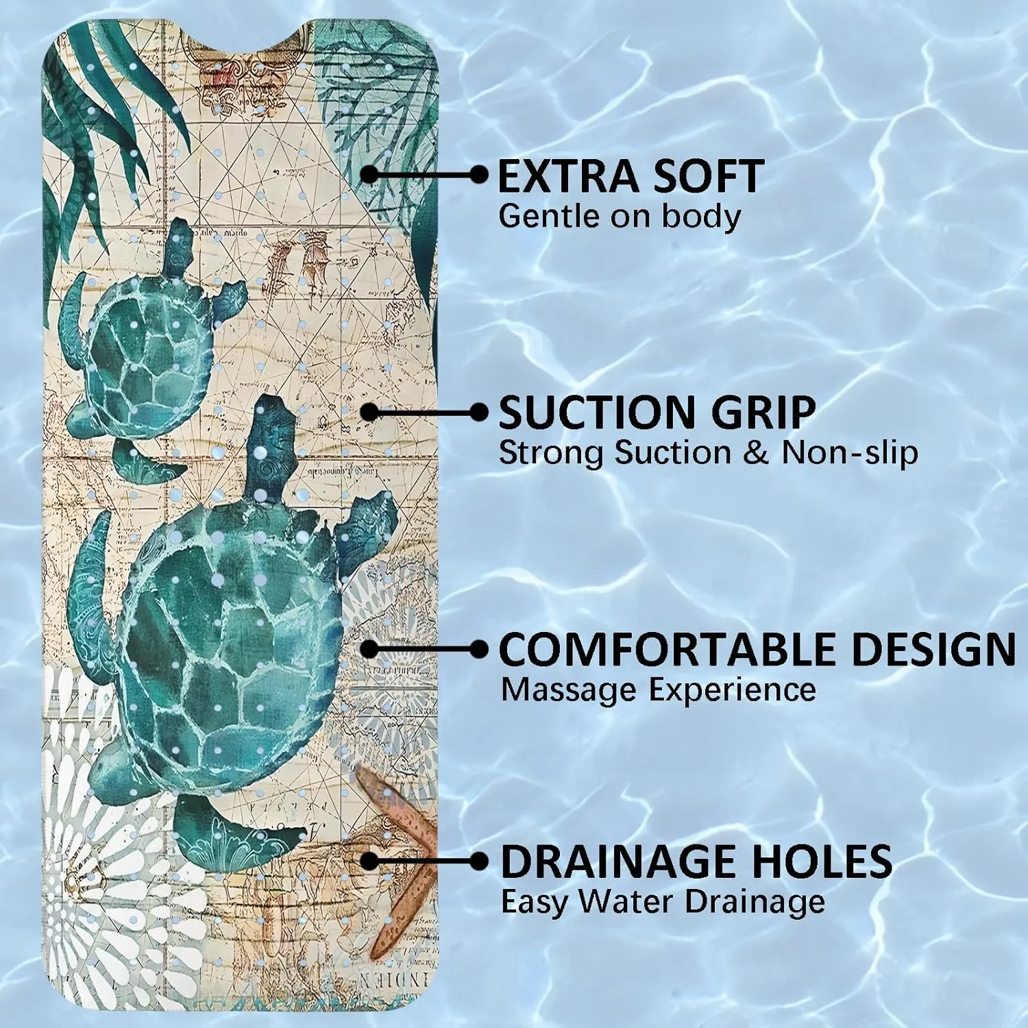 Sea Turtle Bathtub Mat Non Slip, Baby Bath Mat for Tub Rubber Tub Mat, Cute Kids Bath Mats for Bathroom Ocean Beach Anti Slip Shower Mat with Suction and Drain Holes Machine Washable, 39.5″X15.8″