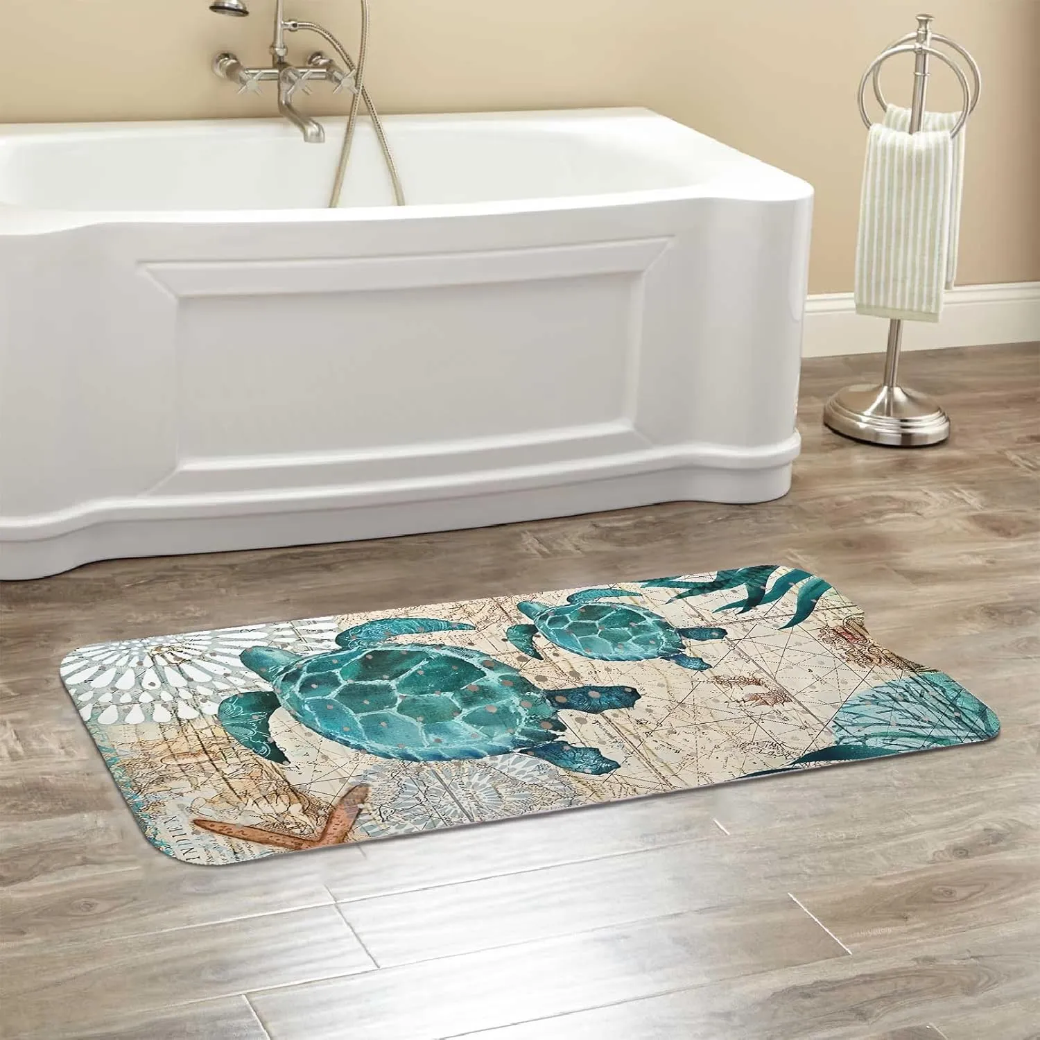 Sea Turtle Bathtub Mat Non Slip, Baby Bath Mat for Tub Rubber Tub Mat, Cute Kids Bath Mats for Bathroom Ocean Beach Anti Slip Shower Mat with Suction and Drain Holes Machine Washable, 39.5″X15.8″